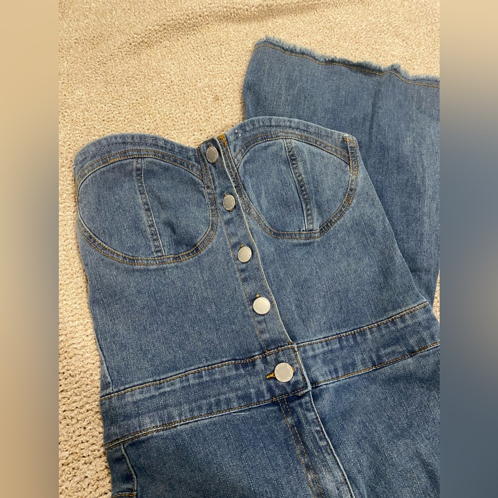 SHEIN BAE ladies button front, raw hem, tube sweatheart top denim jumpsuit